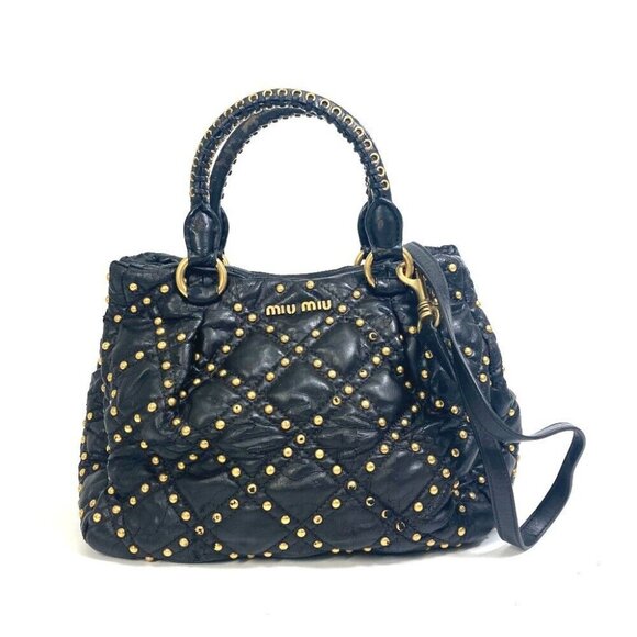 MIUMIU Quilted Studs Shoulder Crossbody 2 way bag Leather Black/Gold